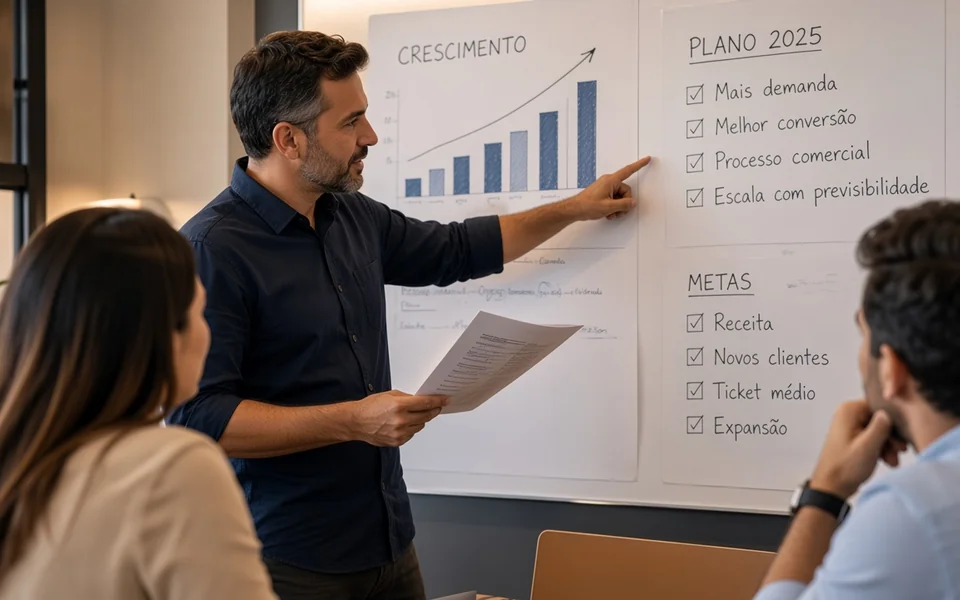 Gestor apresentando plano de crescimento e metas à equipe
