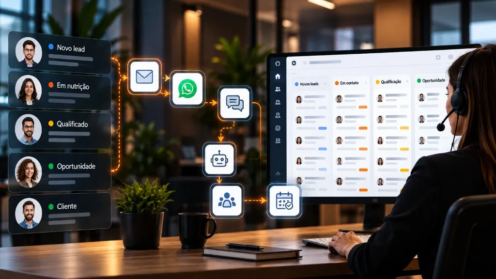 Contatos passando por e-mail, WhatsApp e atendimento até o funil do CRM, acompanhado pela equipe comercial