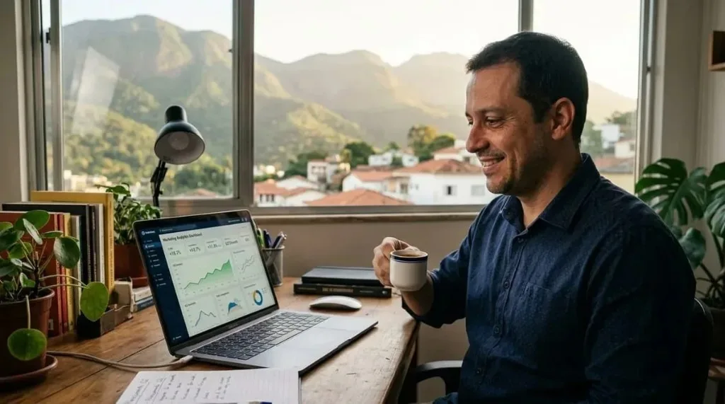 Empreendedor analisando painel de marketing no home office