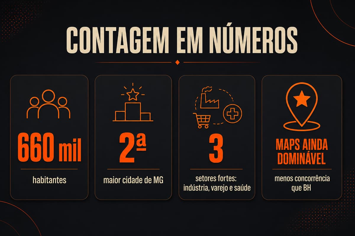 Infográfico Contagem em números: 660 mil habitantes, 2ª maior cidade de MG, 3 setores fortes (indústria, varejo e saúde) e Google Maps ainda dominável