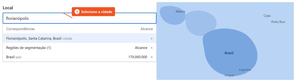 Seleção de local no Planejador, com Florianópolis, Santa Catarina, Brasil, e o mapa da região