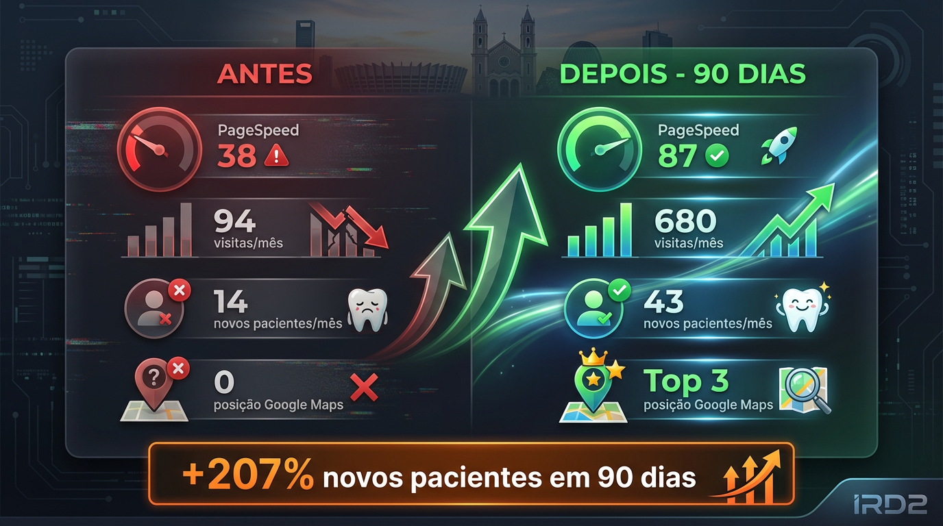 Dashboard comparativo antes e depois do SEO para clínica odontológica: crescimento de contatos qualificados via Google em 90 dias — case IRD2 BH