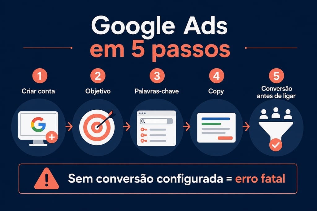 Infográfico: 5 passos Google Ads PME — conversão, keywords, RSA, lance e otimização