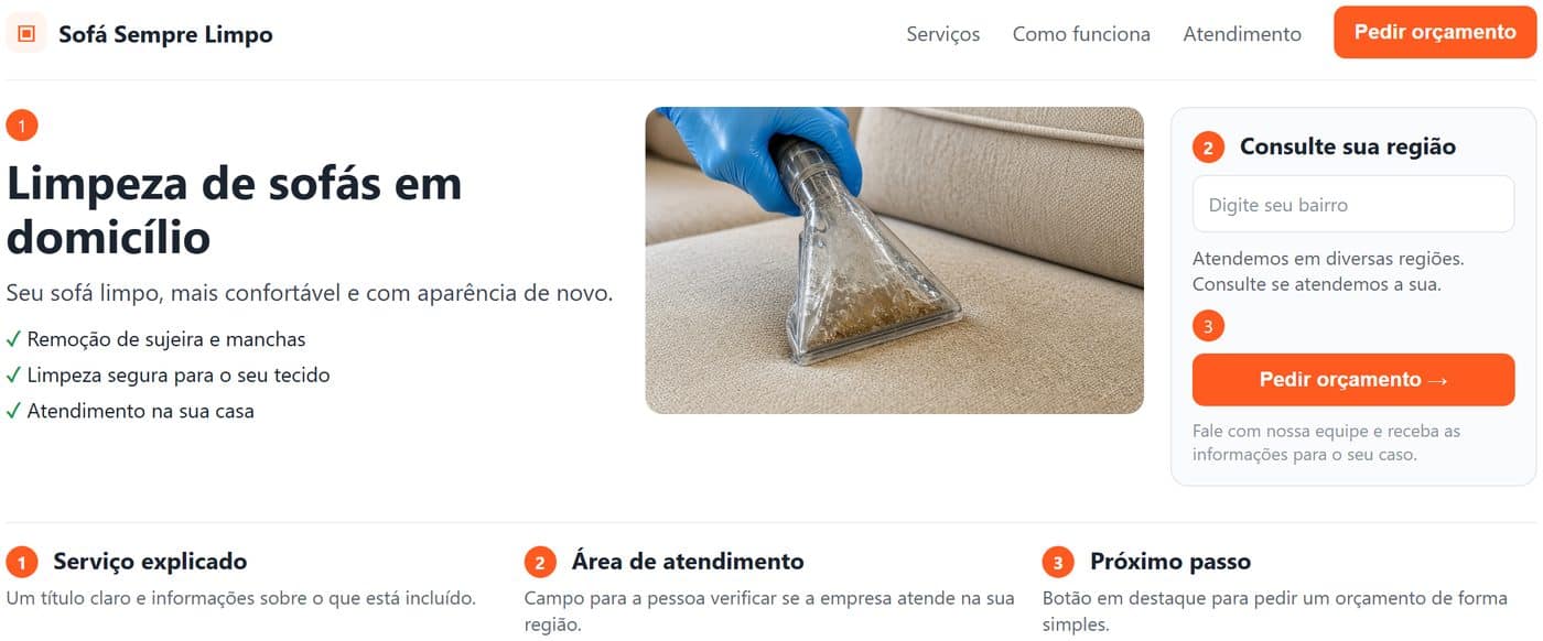Página de exemplo Sofá Sempre Limpo, com o serviço de limpeza de sofás em domicílio, o campo para consultar o bairro e o botão Pedir orçamento