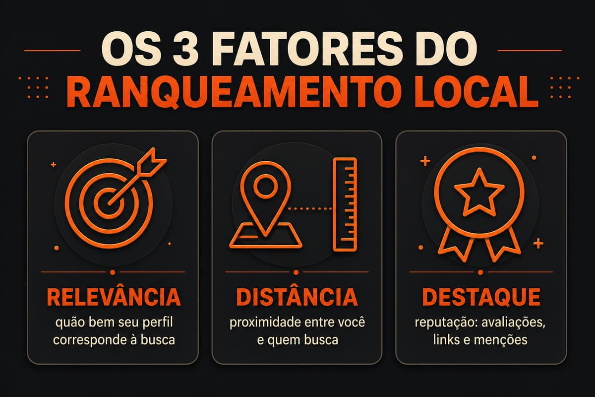 Infográfico dos 3 fatores do ranqueamento local: relevância, distância e destaque