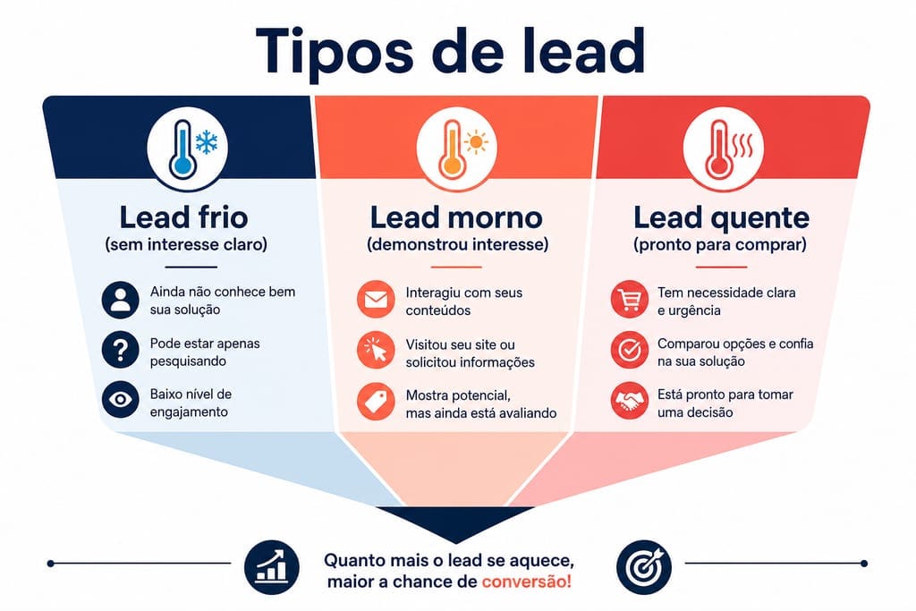 Infográfico: lead frio, morno e quente — critérios e próximo passo comercial
