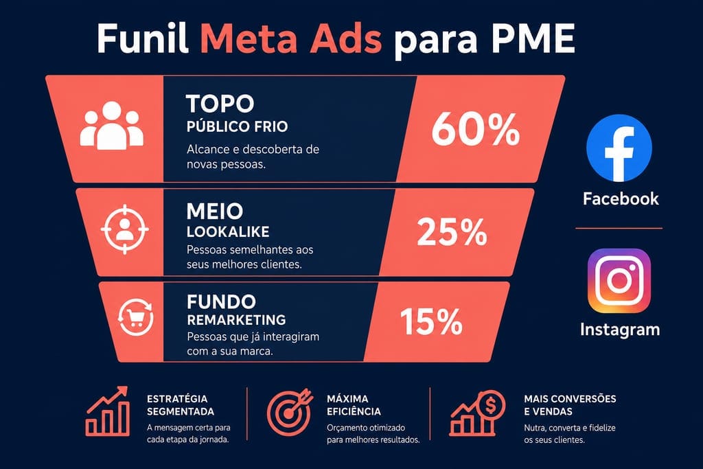Infográfico: funil Meta Ads para PME — topo, meio e fundo com lookalike e retargeting