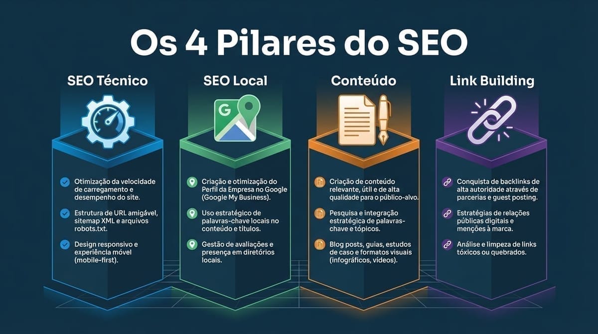 Infográfico: quatro pilares da visibilidade em IAs e PME em 2026 — técnico, local, conteúdo e autoridade