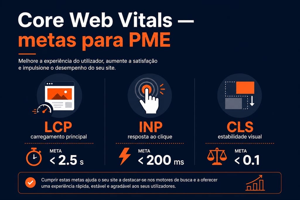Infográfico Core Web Vitals para PME: LCP menor que 2,5s, INP menor que 200ms, CLS menor que 0,1