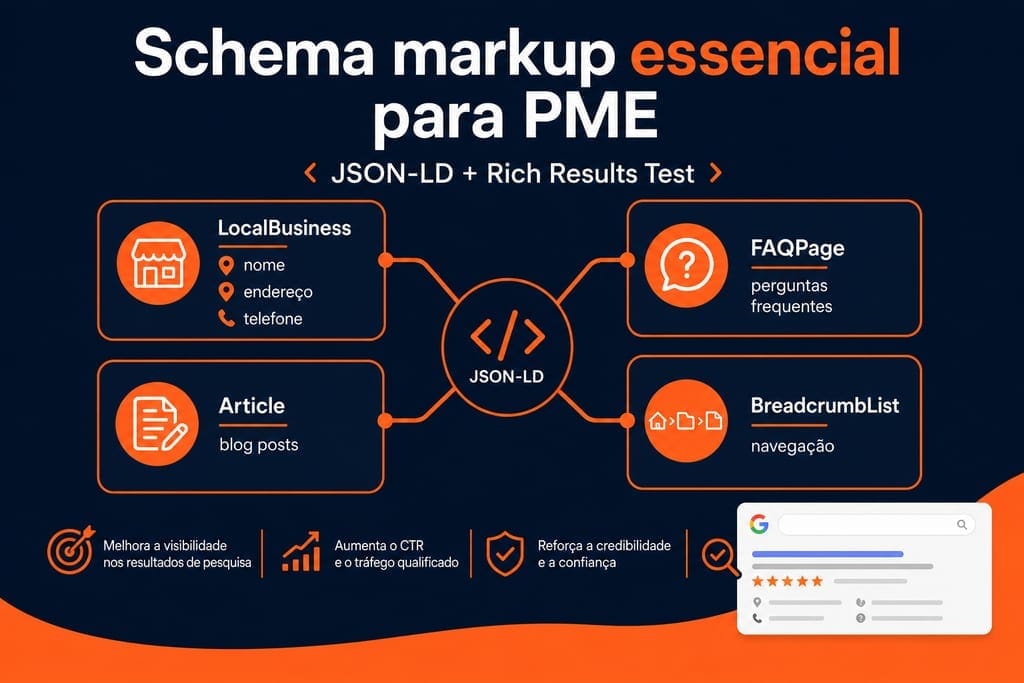 Infográfico Schema markup para PME: LocalBusiness, FAQPage, Article e BreadcrumbList