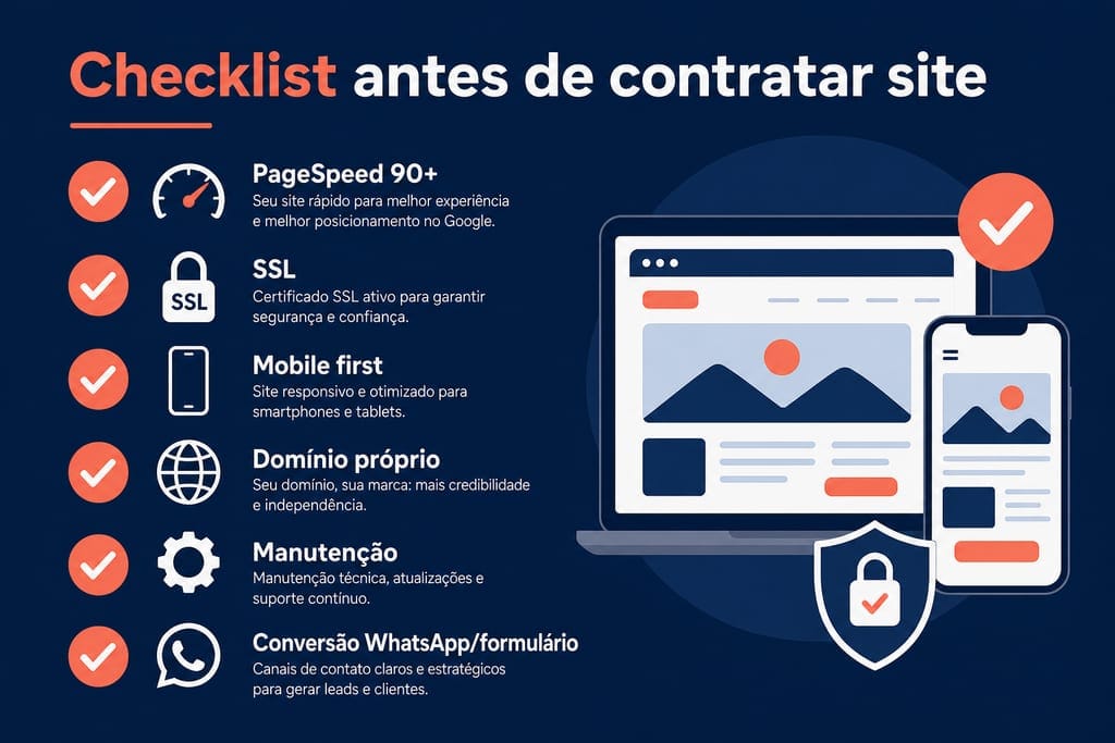 Infográfico: checklist site PME — PageSpeed, SSL, SEO, mobile e CTA WhatsApp