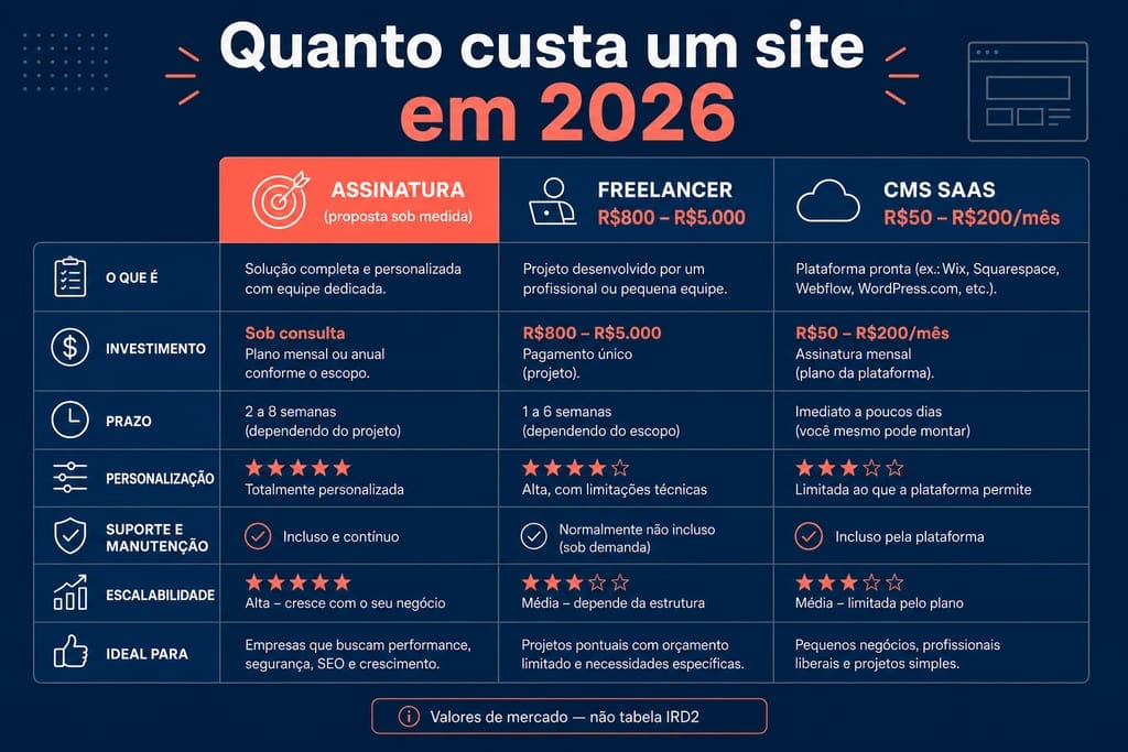 Infográfico: comparativo de custo de site PME — freelancer vs agência vs site por assinatura