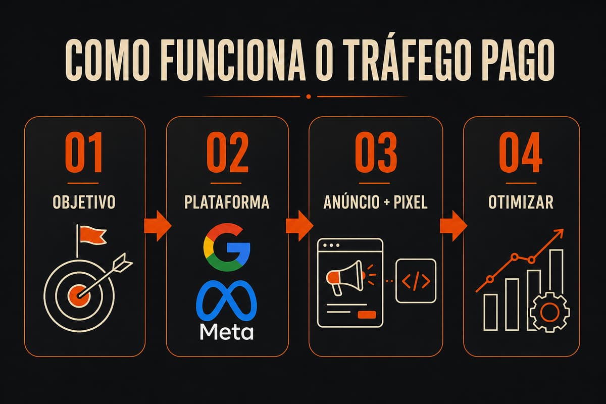 Infográfico dos 4 passos do tráfego pago: 01 Objetivo, 02 Plataforma (Google e Meta), 03 Anúncio e Pixel, 04 Otimizar