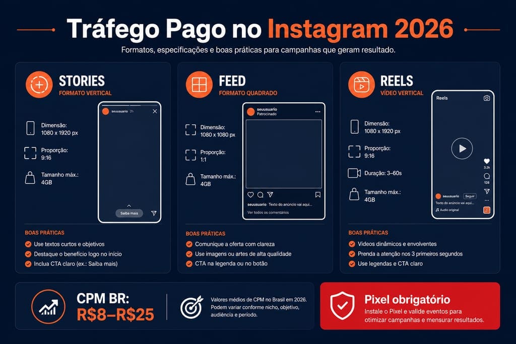 Infográfico: formatos de anúncio no Instagram — stories, feed e reels para PME