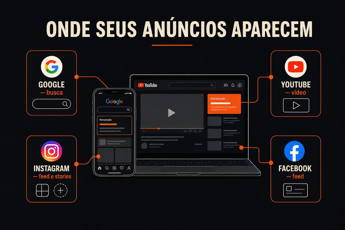 Infográfico mostrando onde os anúncios aparecem: Google (busca), YouTube (vídeo), Instagram (feed e stories) e Facebook (feed)