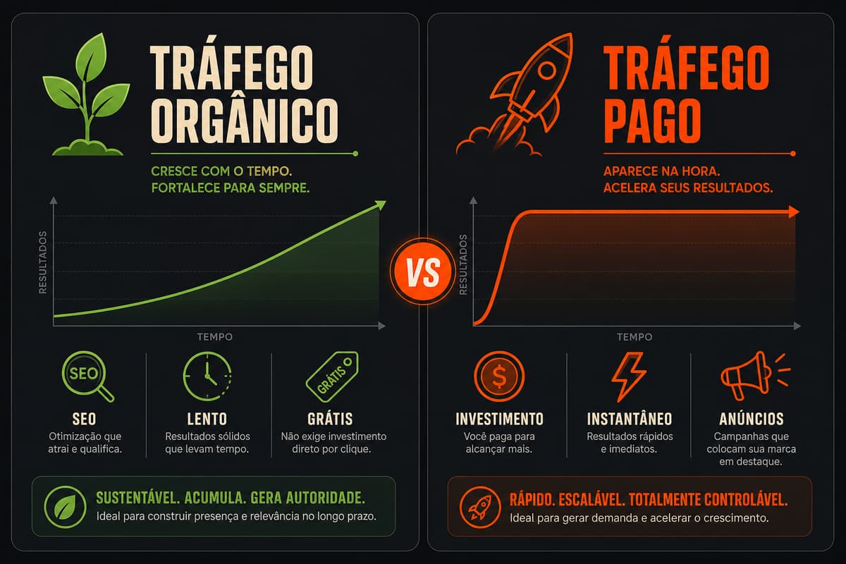 Infográfico comparando tráfego orgânico (cresce com o tempo, gratuito, lento) e tráfego pago (aparece na hora, exige investimento, escalável)