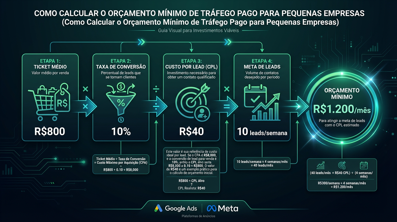 Infográfico: como calcular o orçamento mínimo viável de tráfego pago para pequenas empresas — fórmula passo a passo