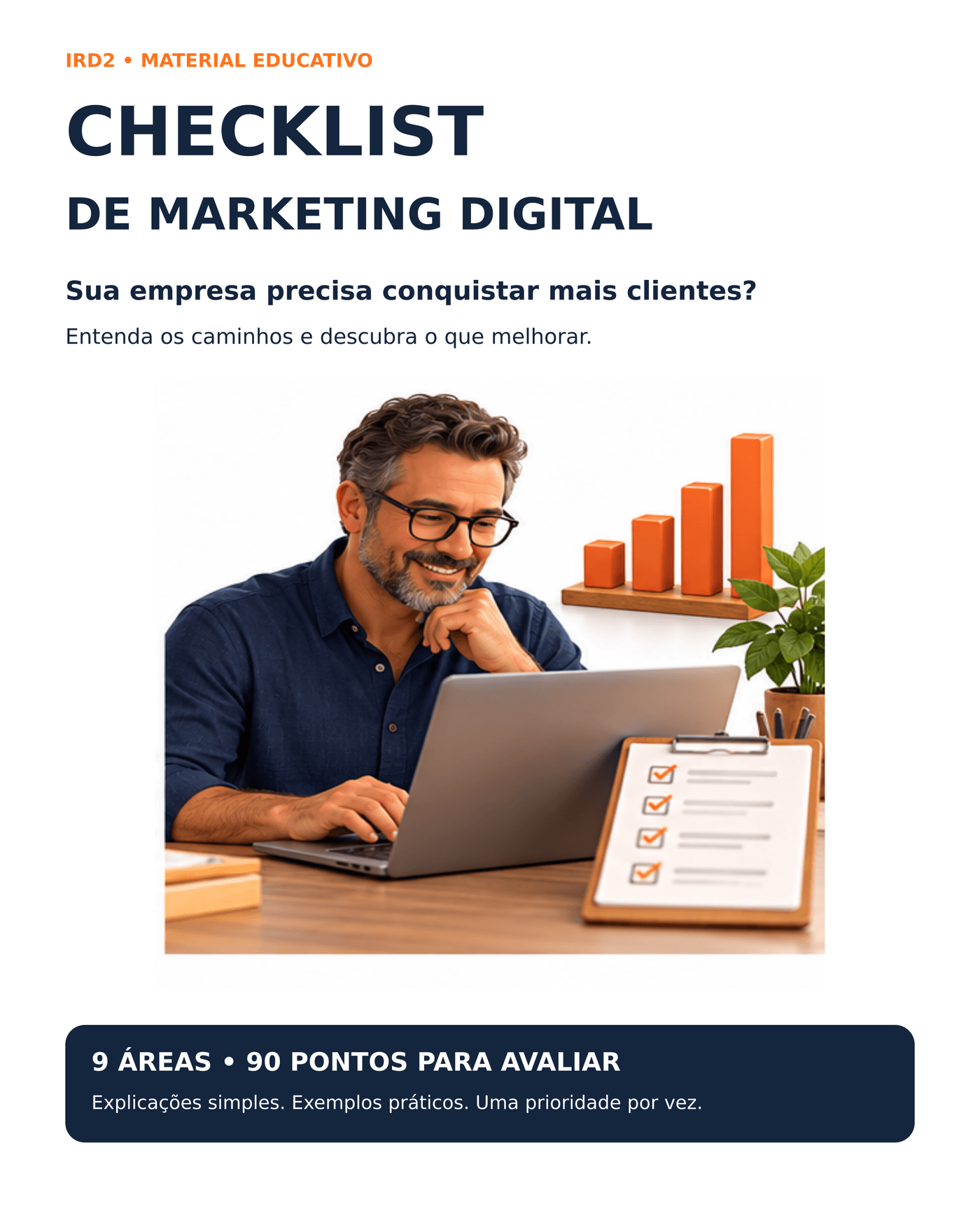 Capa do checklist de marketing digital da IRD2, com um empresário avaliando seu negócio