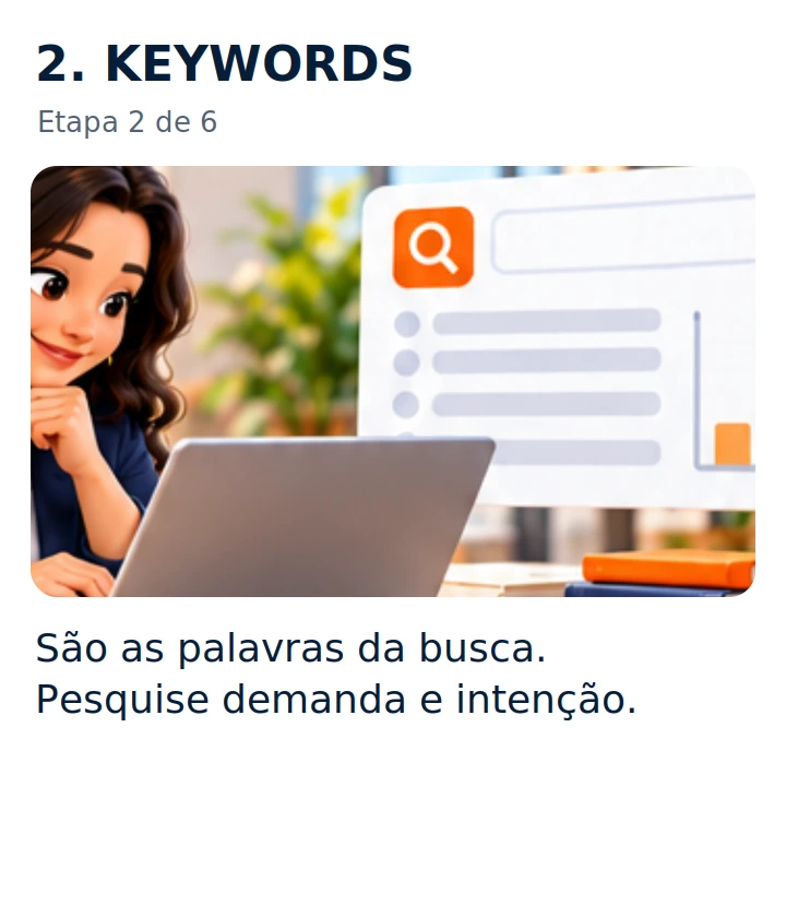 2. KEYWORDS: São as palavras da busca. Pesquise demanda e intenção.