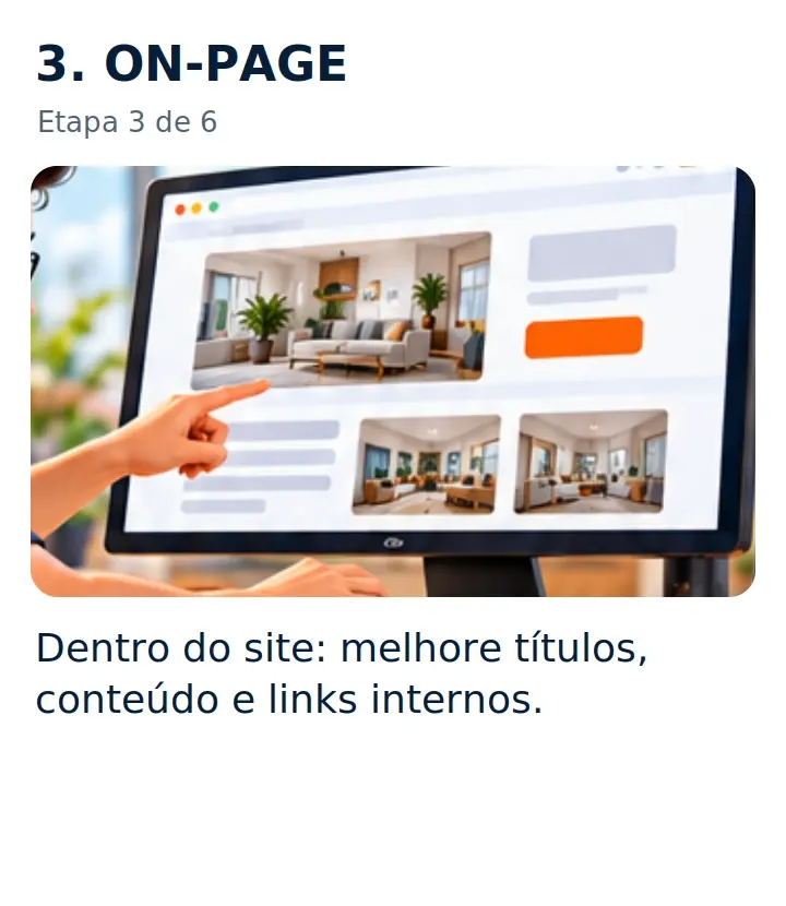 3. ON-PAGE: Dentro do site: melhore títulos, conteúdo e links internos.