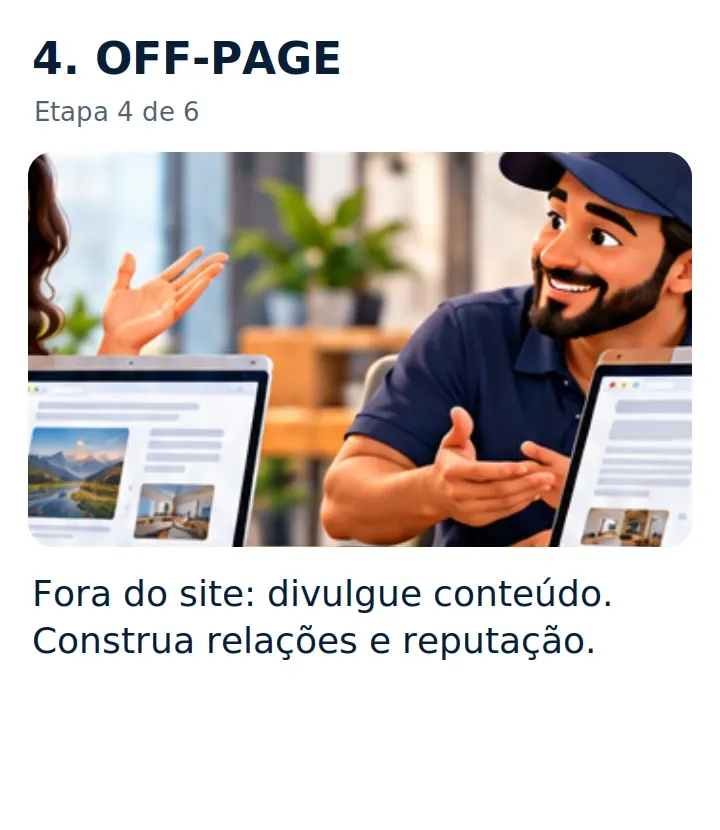4. OFF-PAGE: Fora do site: divulgue conteúdo. Construa relações e reputação.