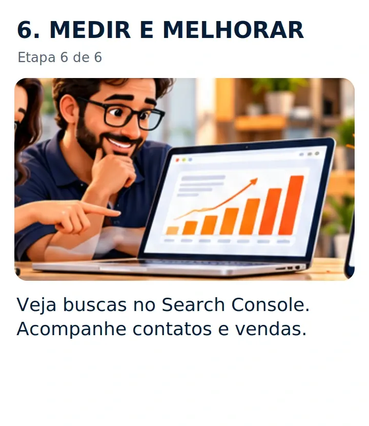6. MEDIR E MELHORAR: Veja buscas no Search Console. Acompanhe contatos e vendas.