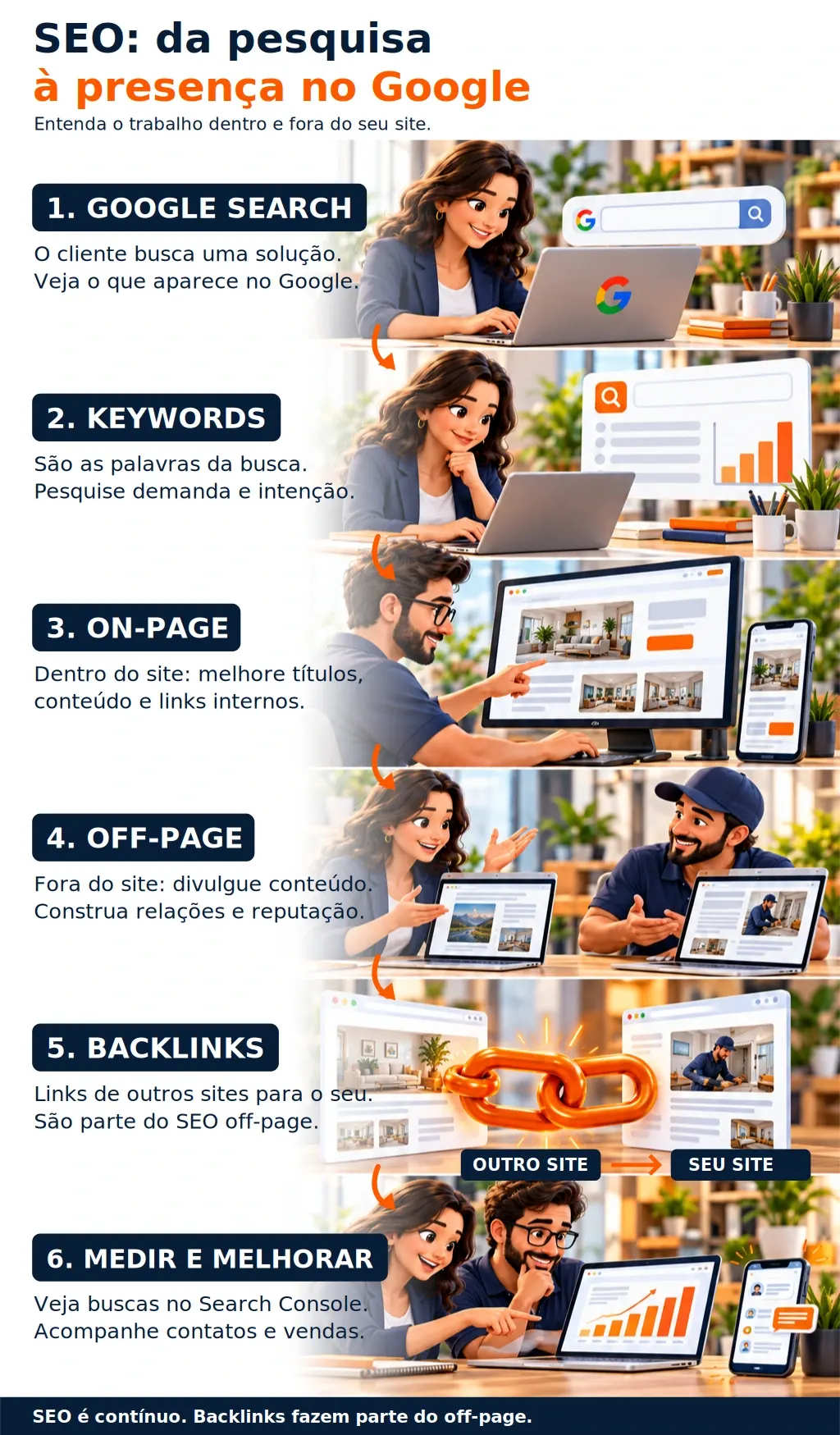Google Search; pesquisa de palavras-chave; on-page dentro do site; off-page fora do site; backlinks de outros sites para o seu; medir buscas, contatos e vendas.