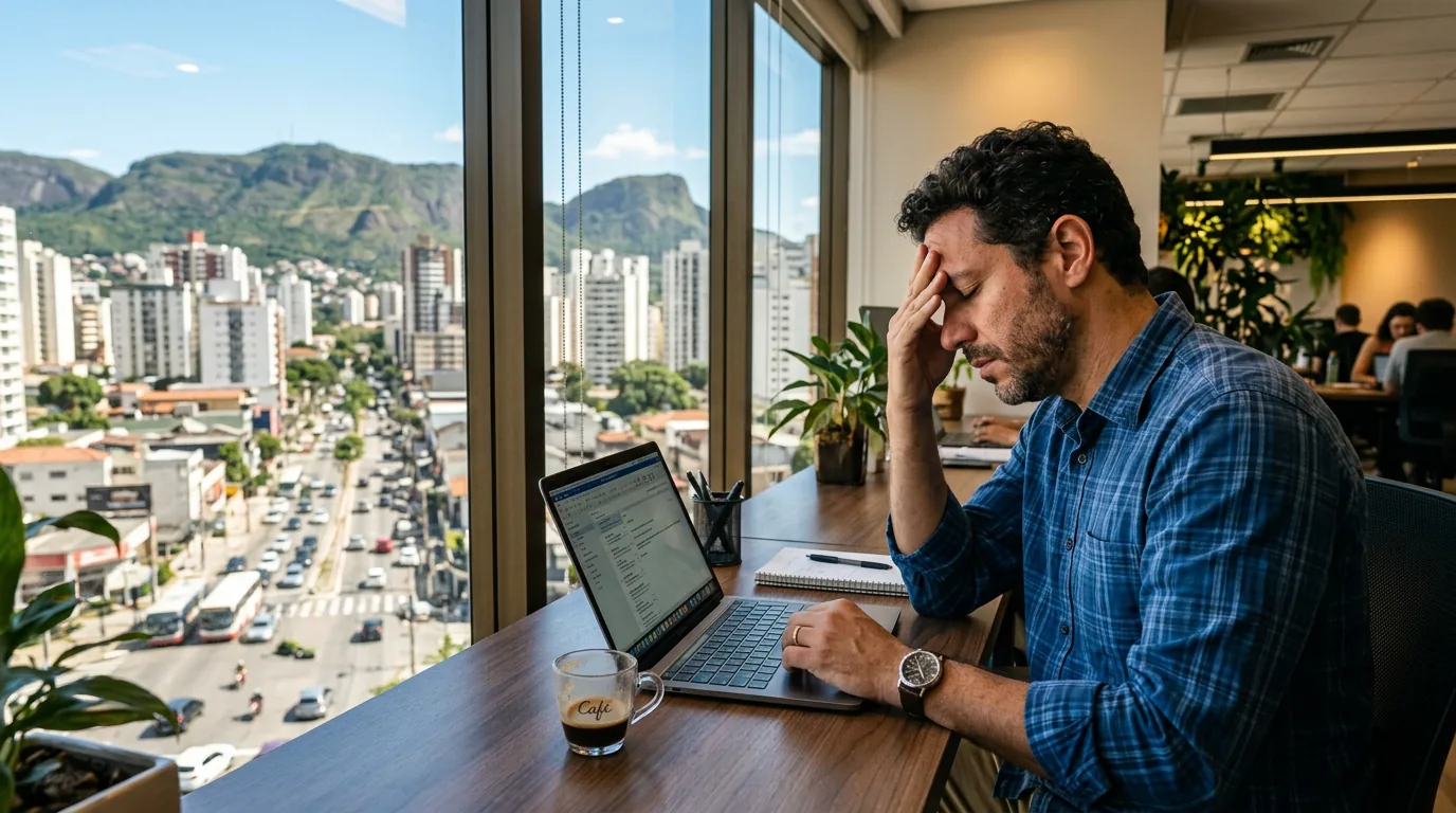 PME em BH: verba no Instagram e Facebook precisa virar retorno mensurável — não só impressão. Empresário em escritório em Belo Horizonte, janela com vista da cidade e da Serra do Curral.