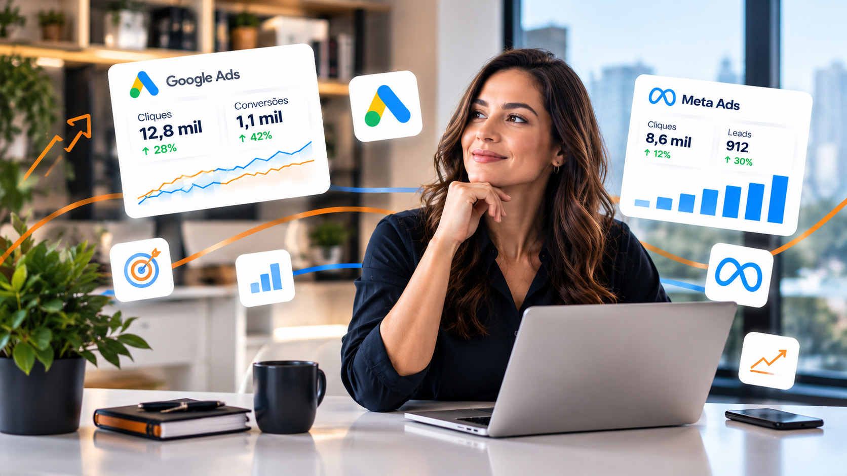 Profissional com indicadores ilustrativos de Google Ads e Meta Ads. Os números da imagem são exemplo visual.