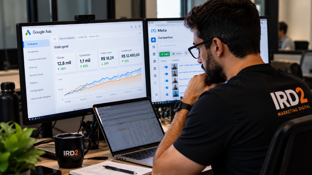 Especialista da IRD2 acompanhando Google Ads e Meta Ads. Os números na tela são exemplo visual, não resultado de cliente.