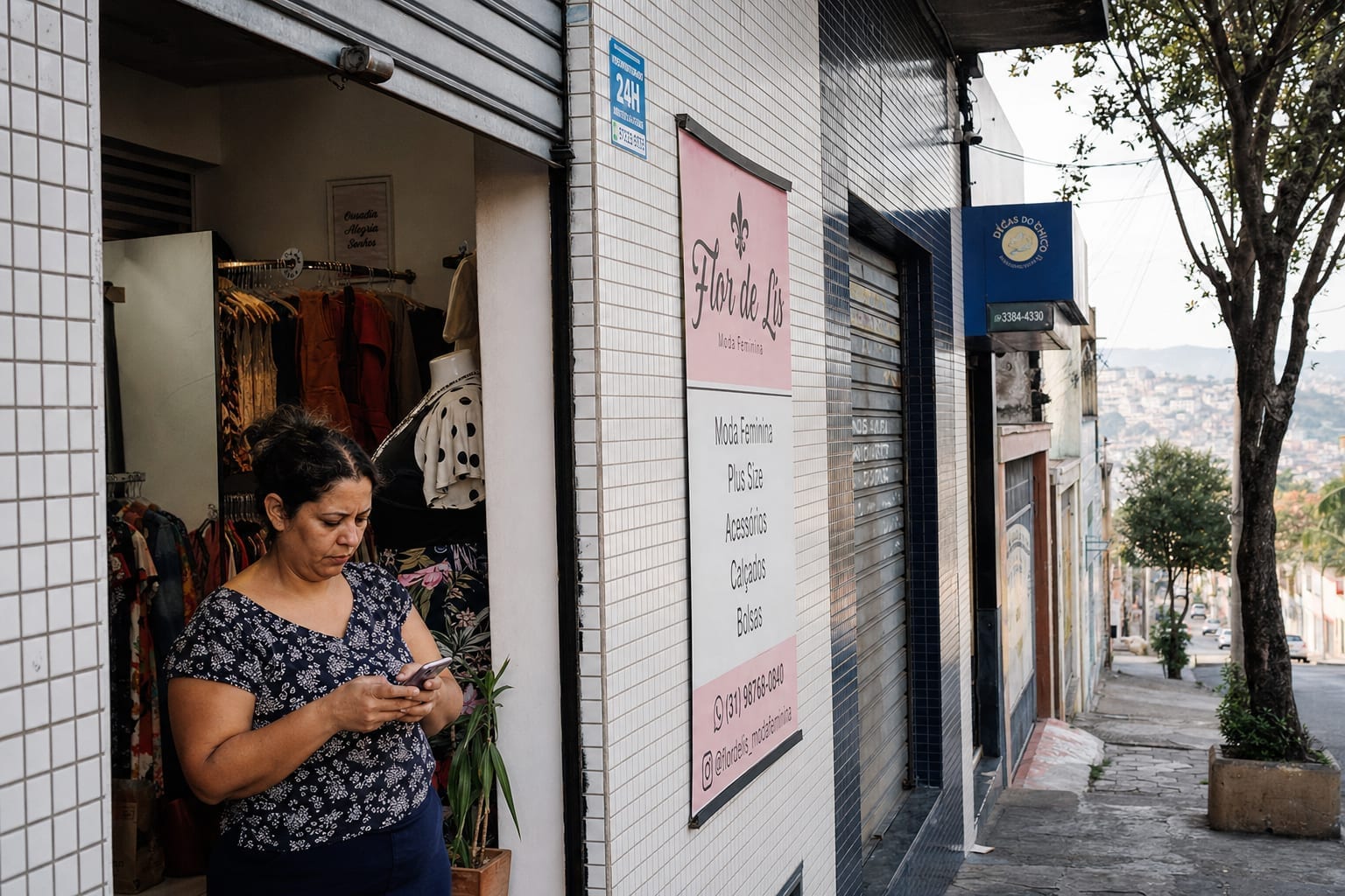 Dona de loja de roupas no Prado, BH, abrindo a loja de manhã e conferindo as avaliações do Google no celular, com a rua de bairro e a serra ao fundo