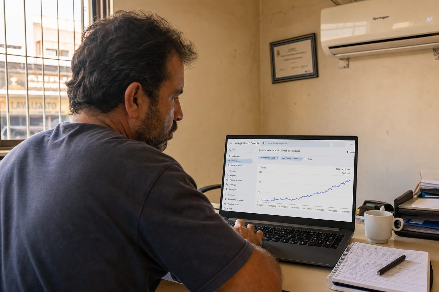 Dono de pequena empresa de BH analisando o crescimento do tráfego no Google Search Console no notebook