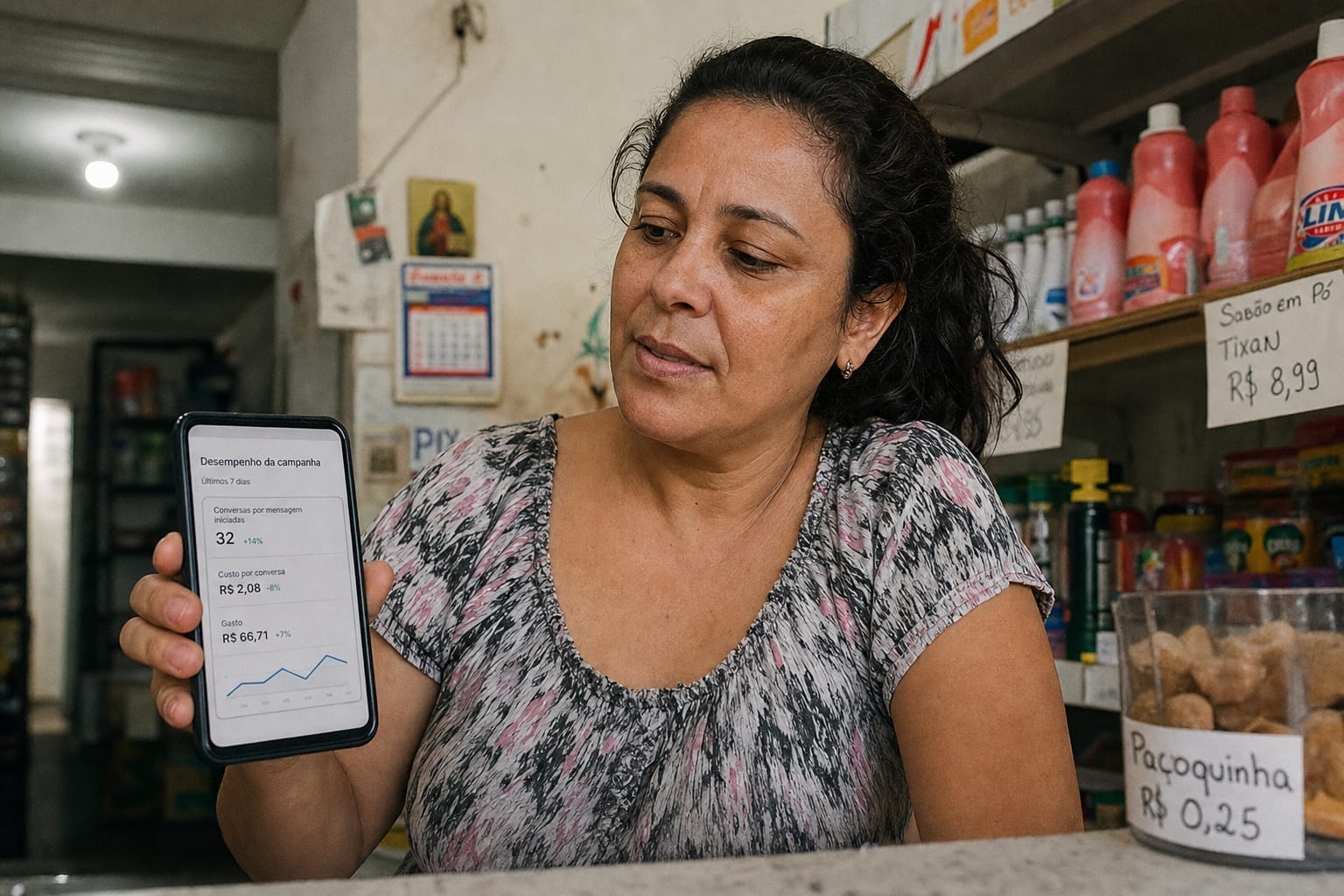 Dona de comércio de bairro em BH conferindo o desempenho da campanha de anúncios no celular