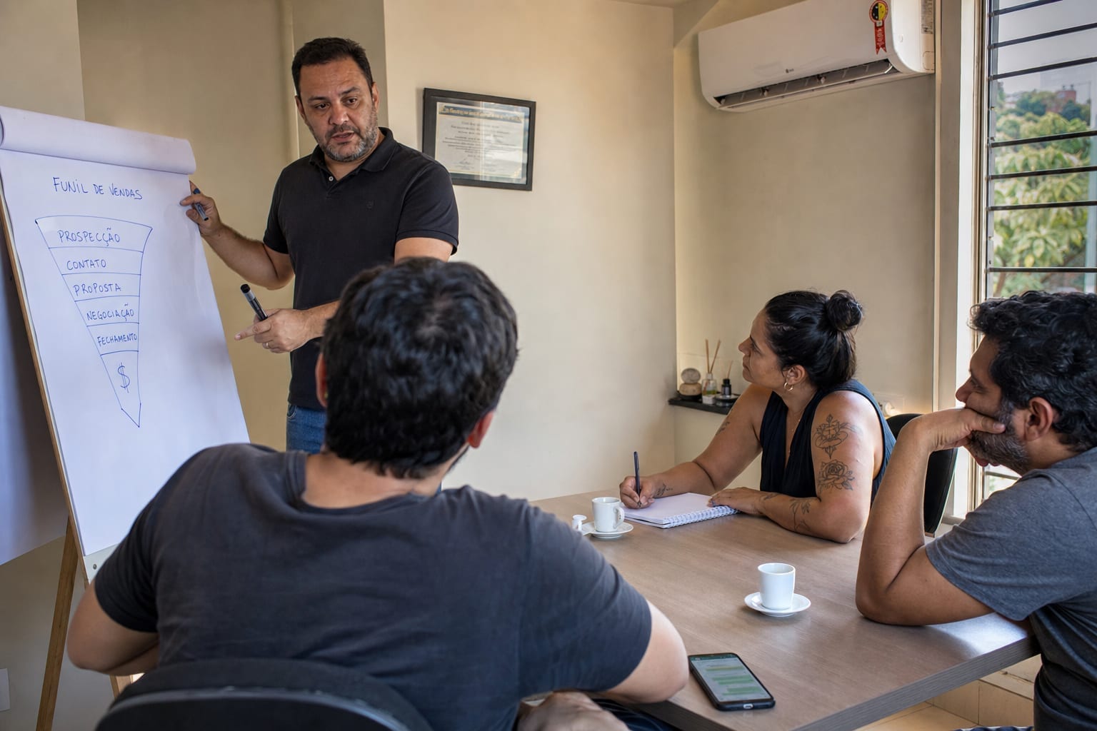 Gestor treinando a equipe de vendas com um funil de vendas no flip-chart em um escritório de BH