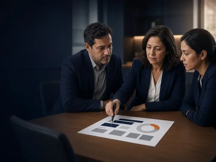 Reunião de gestores em torno de um painel impresso de indicadores