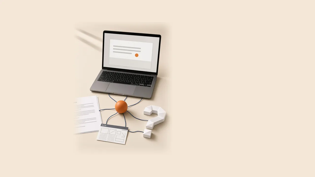 Rede de entidades ligadas à empresa, em laranja, com os fios convergindo para um cartão de resposta