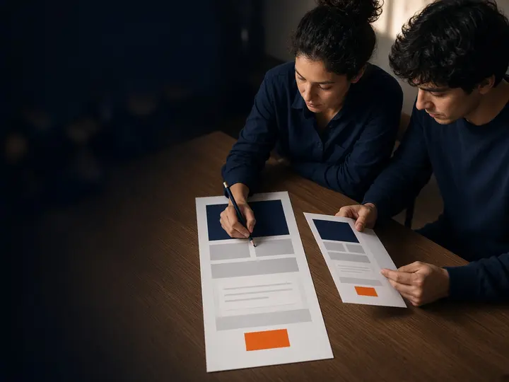 Dupla marcando pontos de melhoria numa landing page impressa