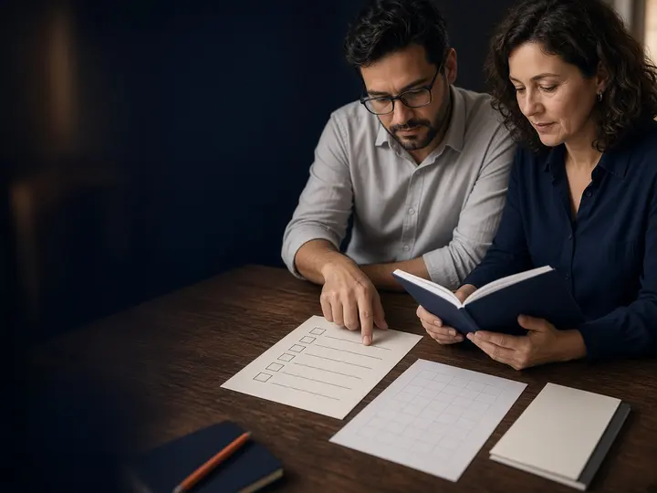 Dupla escolhendo entre guias e checklists impressos qual tema vale o contato
