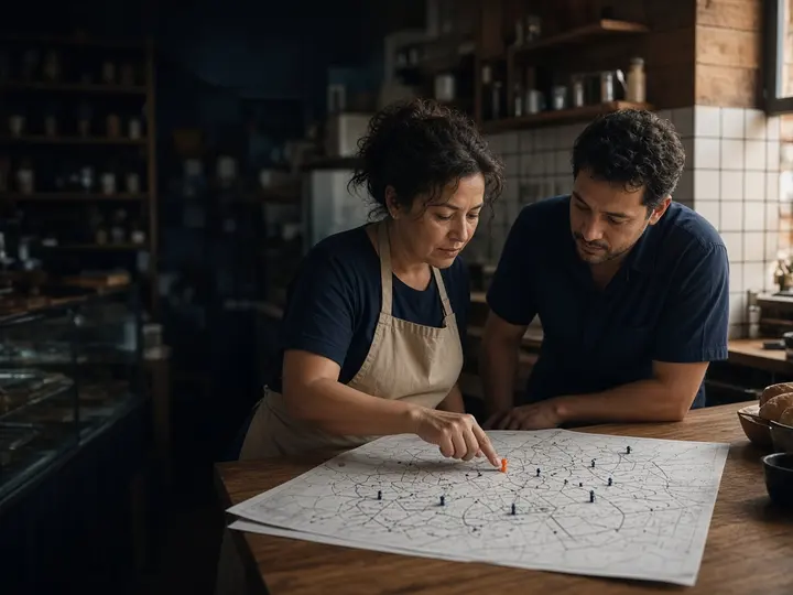 Consultor e dona de negócio olhando um mapa impresso no balcão. Arte de campanha da IRD2, não é foto da cidade.