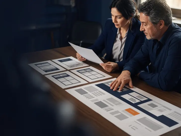 Dupla comparando na mesa as estruturas impressas de site e de landing page