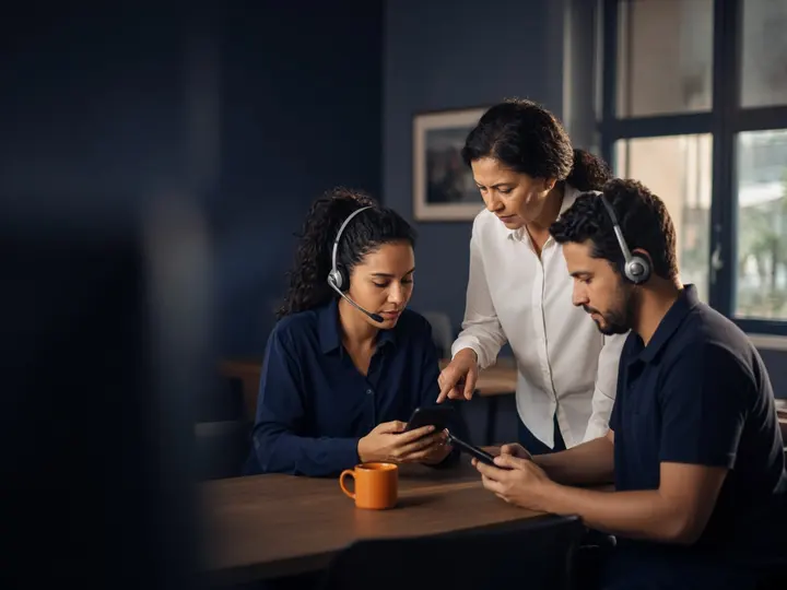 Atendentes com fone e uma supervisora acompanhando as conversas no celular