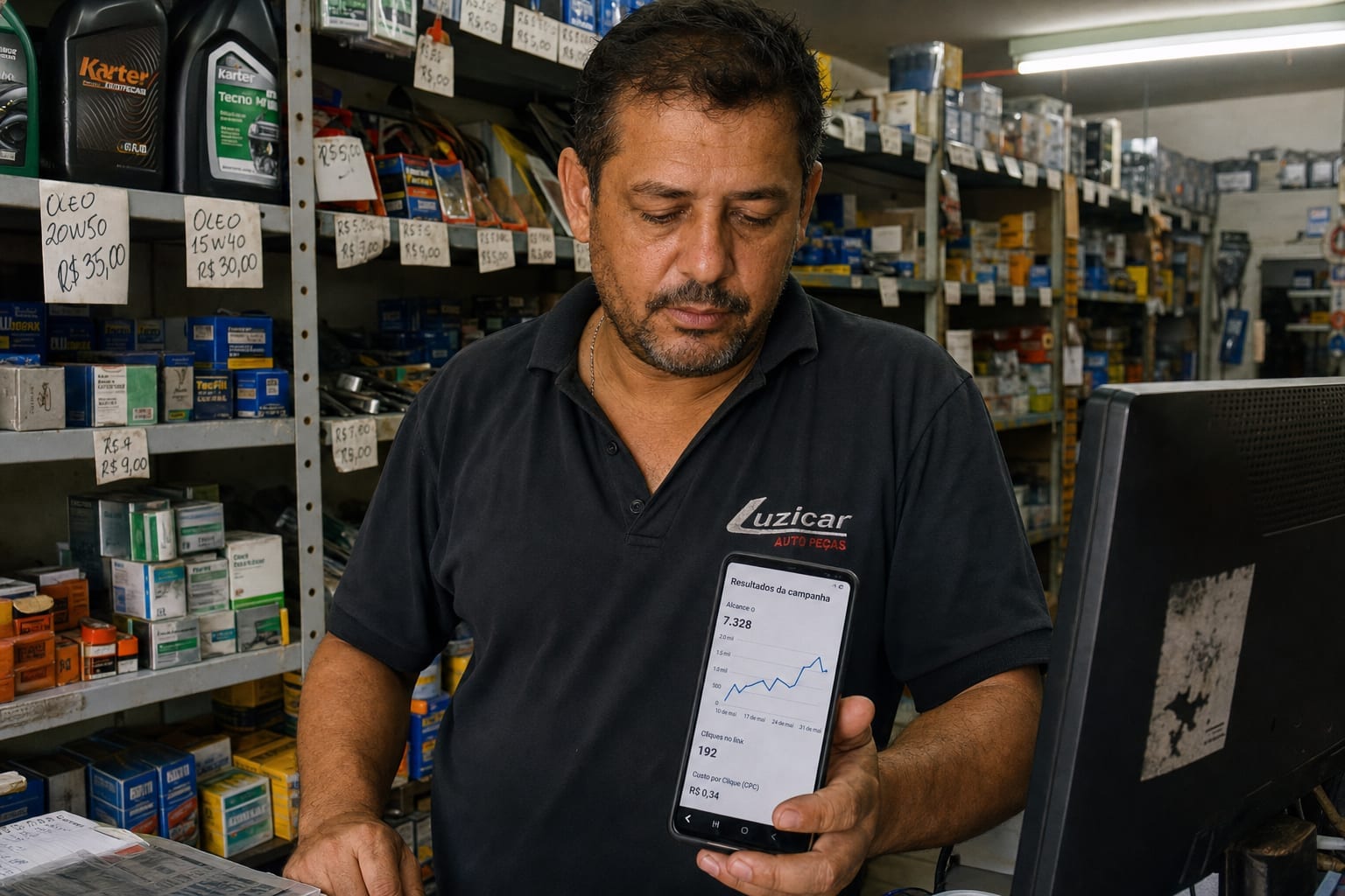 Dono de loja de autopeças no Barreiro, BH, conferindo no celular o gráfico de resultados de uma campanha de anúncios atrás do balcão