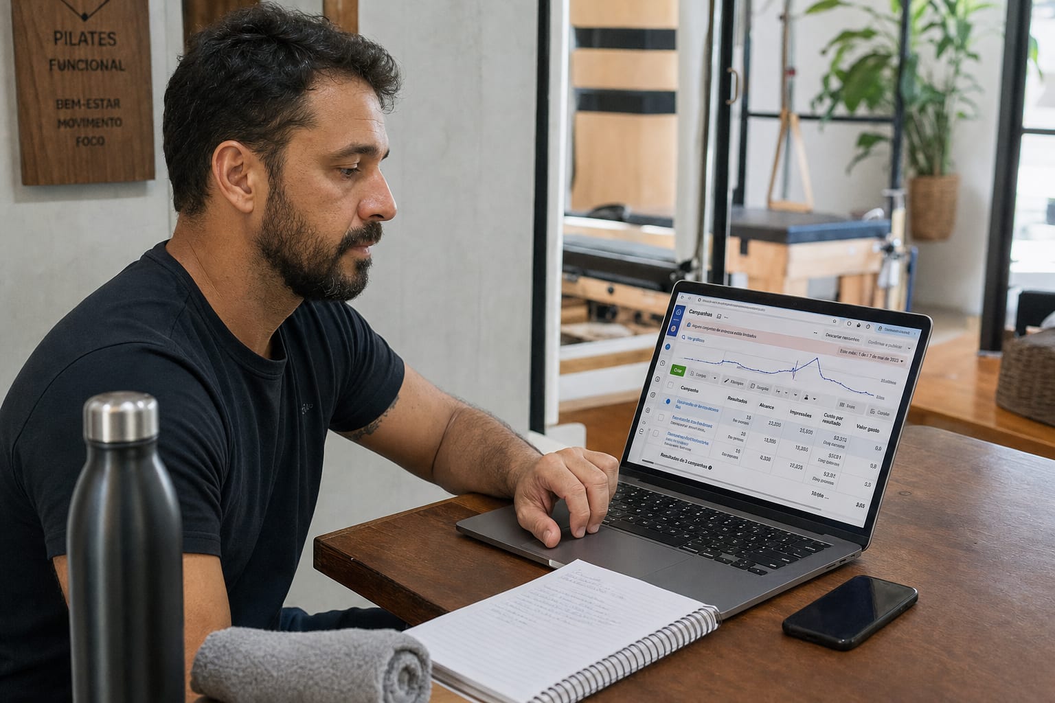 Dono de estúdio de pilates no Buritis, BH, analisando as métricas das campanhas no Gerenciador de Anúncios da Meta no notebook na recepção